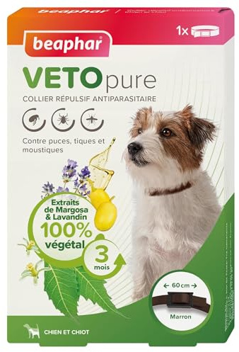 BEAPHAR – VETOPURE – Collier Répulsif Antiparasitaire pour Chien et Chiot – aux Extraits de Margosa & de Lavandin – Contre Les Puces, Tiques et Moustiques – Protection 3 Mois – Collier Marron de 60cm