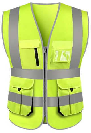 TopTie Chaleco de seguridad de alta visibilidad con 10 bolsillos chaleco reflectante con ribete reflectante y cremallera