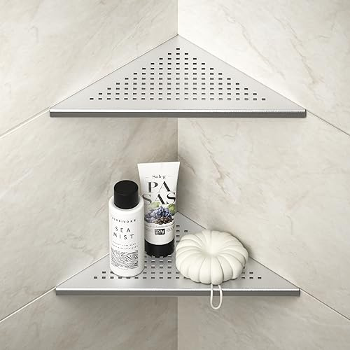Bernkot Corner Shower Shelves, 10 Brushed 304 Stainless Steel Recessed Shelf for Bathroom, Grout in Shelf for Tiled Wall, 2 Pack