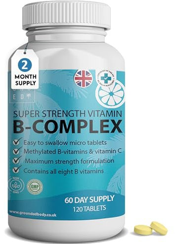 Super Vitamin B Complex | x120 High Strength Micro Tablets | 2 Month Supply | with B1, B2, B3, B6, (Folic Acid) B9, B12, Biotin (B7), B5 and Vitamin C | Vegan, UK Made by Grounded