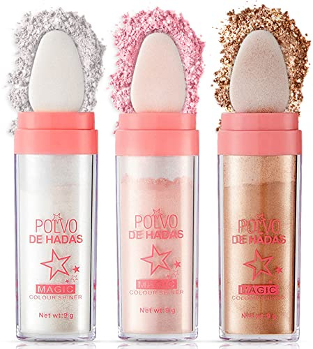 Ofanyia 3Pcs Highlighter Powder Stick, Polvo De Hadas Highlight Patting Powder, Shine Body Brighten Glitter Shimmer Three-dimensional Sparkle Patting Powder for Face Eyes Lips Hair Body Glow Makeup