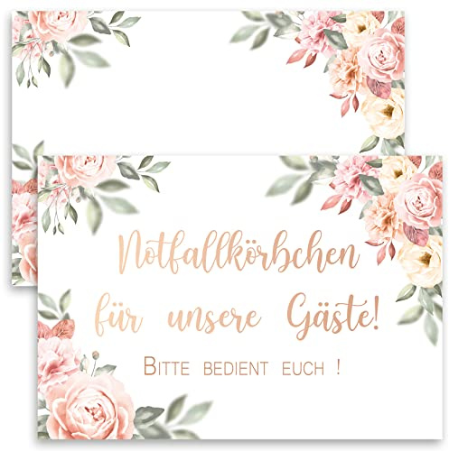 4x Notfallkörbchen Schilder Notfallkorb Schild Karte A6 Karten Feier Geburtstag Hochzeit Hochzeits Notfallset Party Spaß Deko Hochzeitsdeko Rosen Rose Aquarell Weiß Gold Vintage 30 40 50 60 70 80 90