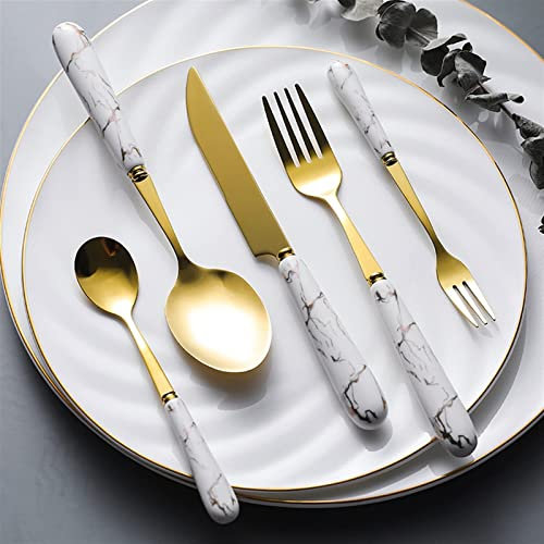 JUNNIU Set di Posate Set di Posate Dorate Manico in Ceramica Forchetta Cucchiaio Set di coltelli Set di Posate in Acciaio Inossidabile Lavabile in lavastoviglie Servizio da tavola 20 Pezzi Acciaio