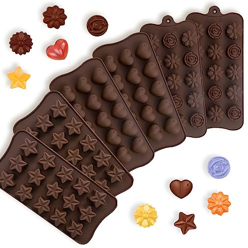 LIUCONGBD Silicone Chocolate Moulds, 6 Pack Non-Stick Food Grade Moulds Set | Heart Rose Flower Star Shape, Brown, BPA-free, Easy to Clean, High and Low Temperature Resistance, for Candies Jelly Soaps