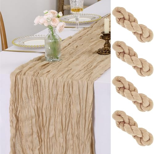 LOMOHOO Käsetuch Tischläufer Boho Gaze Beige Tischläufer Rustikale Deko118 Zoll Lang Tischläufers Stoff für hochzeitsbogen,Geburtstagsfeier,Tischdekoration Sekt,4stück 90x300cm