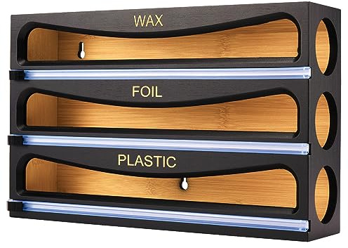 Cozee Bay Bamboo Wrap Dispenser with Cutter, Plastic Wrap Organizer, Aluminum Foil Organization, and Wax Paper Dispenser Holder for Kitchen Drawer and Wall, Compatible with 12 Roll (01 Black)
