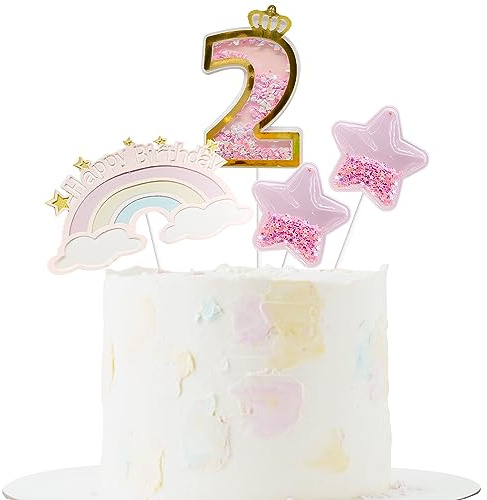4PCS 2nd Birthday Cake Toppers Rainbow Little Stars for Birthday Party Wedding Anniversary Baby Shower Decoration (pink)