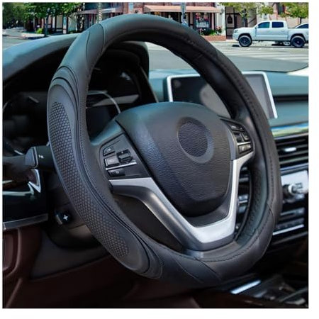 JNNJ Lenkradbezug Auto, Mikrofaser-Leder-Lenkradabdeckung, Sport Anti Rutsch Universal 38cm Lenkradbezug, Lenkrad Abdeckung Echtes Leder Breathable Anti Slip(Schwarz)