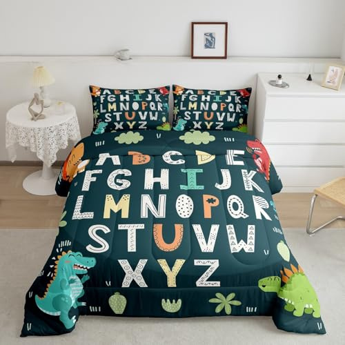 Feelyou Alphabet Kids ABC Learning Bedding Set Queen Size, Cartoon Dino Comforter Kids Educational Nursery Art Comforter Set for Boys Girls Jungle Dino Duvet Set Durable Bed Set 3Pcs