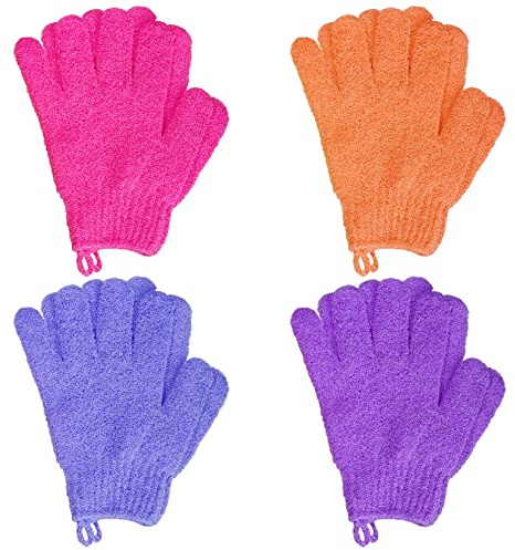 4 pares de guantes exfoliantes de baño, guantes de baño de doble cara para ducha, guantes exfoliantes para ducha, accesorios de baño para baño, spa, masaje (rosa, naranja, morado, rojo morado)