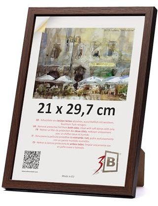 3-B Bilderrahmen MEGA - Dunkel Braun (Nussbaum mit optischer Holzmaserung) - 21x29,7 cm (A4) - Holzrahmen, Fotorahmen, Dokumentenrahmen mit Acrylglas