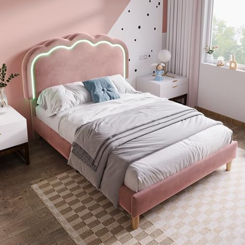 Kayan Polsterbett Einzelbett 90 x 190cm, Bettgestell mit Lattenrost und Verstellbares LED-Kopfteil, Lattenrost aus Holz, Rückenlehne Bett Jugendbett Kinderbett, Samt (Rosa, 90 x 190cm)