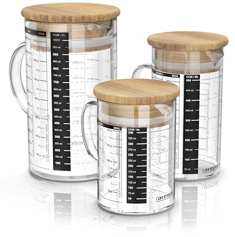 Arendo - Messbecher Set aus Glas - Größen 350ml, 500ml, 1000ml (0,35l 0,5l 1l) – Messkrug Glas Krug – Borosilikatglas – präzise Skala – hitzebeständig – Glasbehälter mit Bambusdeckel - Silikondichtung