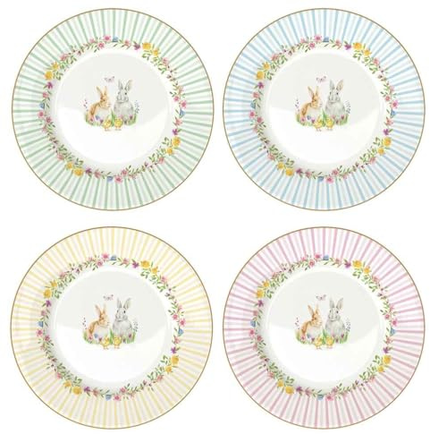 Easy Life Set 4 piatti dessert pasquali in porcellana con conigli Happy Easter D19 cm