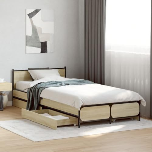 vidaXL Bettgestell, Bett mit Schubladen, Bettrahmen mit Metallbeine Sperrholzlatten, Einzelbett für Schlafzimmer, Schubladenbett, Sonoma-Eiche 90x200cm Holzwerkstoff