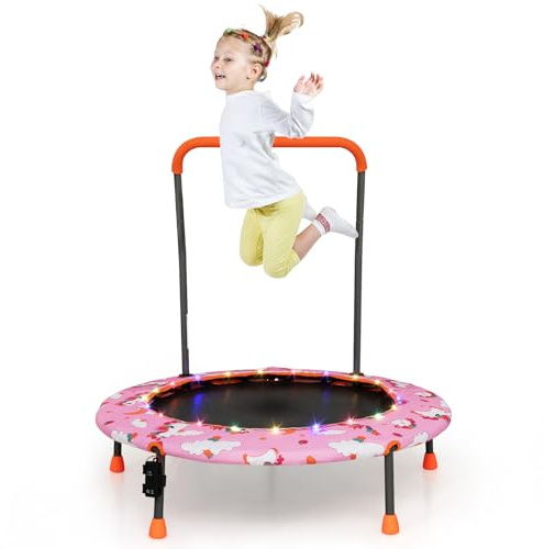 COSTWAY Trampolín para Niños de 92 cm, Mini Trampolín con Manija de Seguridad, Alfombra de Salto Redonda & Cubierta Protectora, Trampolín Infantil de 3 a 6 años para Interior (Unicornio Rosa)