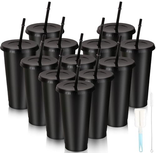 Lemicin 12pcs Drinking Cup Tumbler Cups with Straw and Lid, 24oz Plastic Tumblers Reusable Cold Cups Black Glitter Travel Mugs for Cold Drinks Iced Coffee Smoothie for Parties