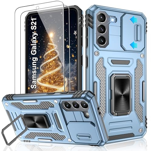 Jshru for Samsung S21 Case with Screen Protector-Camera Protective Cover, Ring Stand Phone Case for Men and Women,Shockproof Bumper Phone Cover for Samsung Galaxy S21 5G,Light Blue