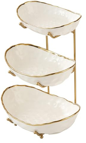 AYES Fruit Bowl, 3-Tier Large Ceramic Fruit Basket with Metal Stand Tiered Decorative Space Saver Fresh Fruit Serving Bowls for Kitchen Countertop Tabletop Parties Display (Gold 3-Layer)