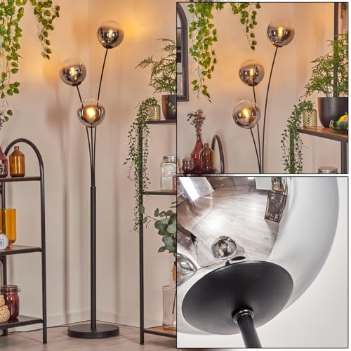 HOFSTEIN Stehleuchte Gastor, Stehlampe aus Metall/Glas in Schwarz/Chrom/Rauch/Klar, Leuchte im Vintage-Design mit Glasschirmen Ø 15cm u. Fußschalter, 170cm, E14, Wohnzimmer, Schlafzimmer, Esszimmer