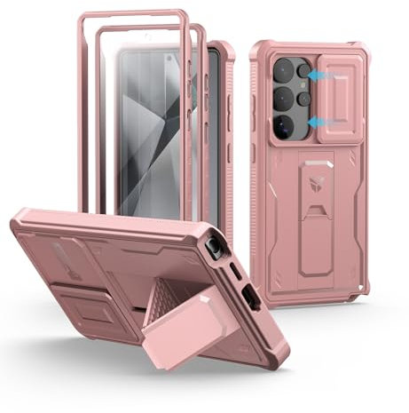 Dexnor pour Coque Samsung Galaxy S25 Ultra【Double Cadre Avant et Support】 avec CaméRa Coulissante Intégrée & Protecteur d'écran, Coque de Protection Robuste Résistante Aux Chocs - Poudre Pivoine