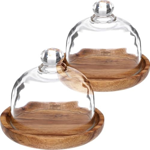 OUNONA 2sets Tiered Cake Display Lid Wooden Dessert Stand Glass Cover Cake Plate
