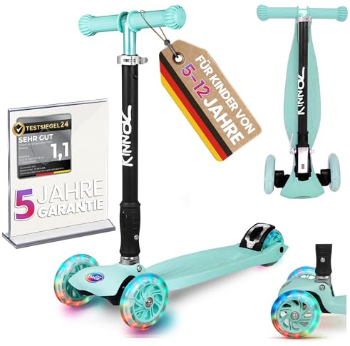 kinnaz Two, Roller für Kinder ab 5 Jahre, faltbar, stufenlos Höhe einstellbar, LED Räder, Ersatzteilservice, Kinderroller, Scooter, 6 7 8 9 Jahre, Schulkind, Junge Mädchen