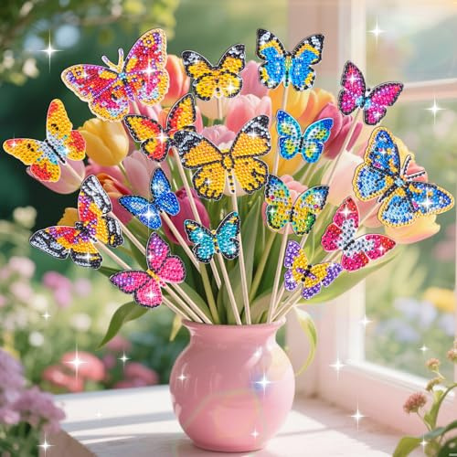 20 Stück Diamond Painting Schmetterling Set, Kinder und Erwachsene Diamond Pain-ting Deko, DIY 5D Diamond Painting Art für Draußen und Drinnen, Topf-Gartendekoration für Balkon und Fensterbank