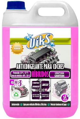 Viks | Anticongelante para Coches HÍBRIDOS | Tecnología P-Oat | Refrigerante Organico Rosa para vehiculos electricos | Protección del Circuito -25ºC | Apto Todo Tipo de Radiadores | Uso Directo | 5L