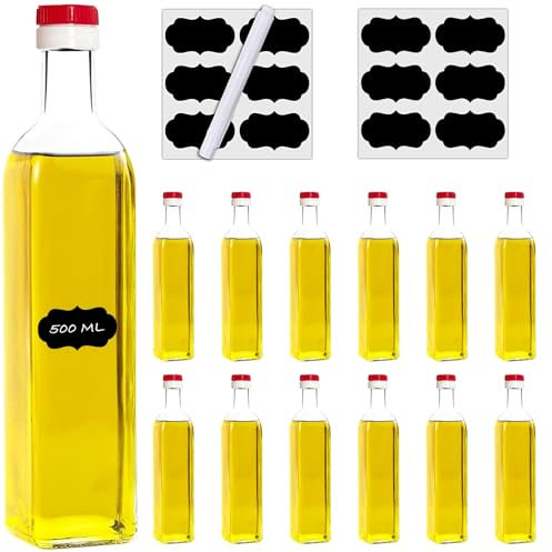 slkfactory 12 botellas de cristal vacías de 500 ml MAR para zumo con tapón de aceite rojo y etiquetas, para rellenar, 0,5 litros, botellas de licor, vinagre, aceite (12 x 500 ml)