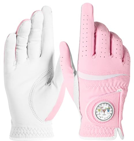 LOVMEAD Damen-Golfhandschuhe aus hochwertigem Leder 1er-Pack mit Ballmarker, Handschuhe mit Allwetter-Griff für Leistung, Atmungsaktiver Anzug für Links und Rechtshänder