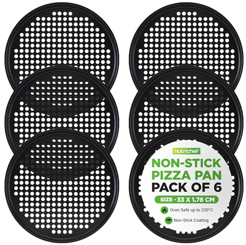 NutriChef Non-Stick Pizza Pan Set 6-Pack 33cm, Carbon Steel Baking Steel Tray for Oven, Baking Accessories with Cutting Board, Container, Plates, Pans with Holes, Dishwasher Safe