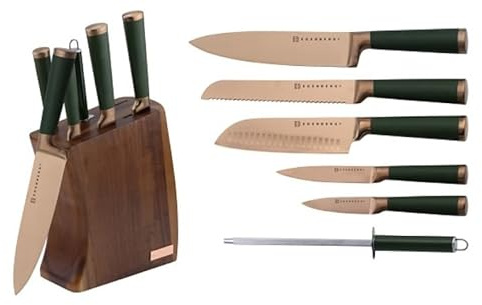 Jeu de 7 Couteaux avec Bloc de Bois, Acier Inoxydable avec Revêtement Titane, Poignées Ergonomiques, Passe au Lave-Vaisselle, Vert et Rouge (Vert)