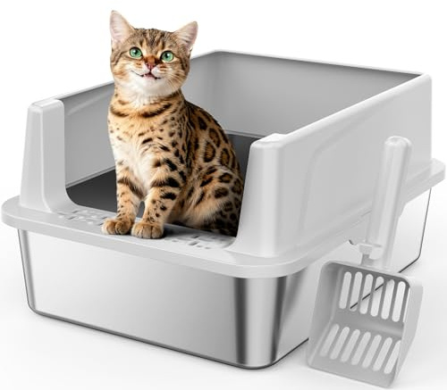 MIXJOY Kattlåda i rostfritt stål, kattlåda 18 L anti-läckage med höga kanter, öppen design lätt att rengöra med skyffel ingår, 44 x 34 x 21 cm