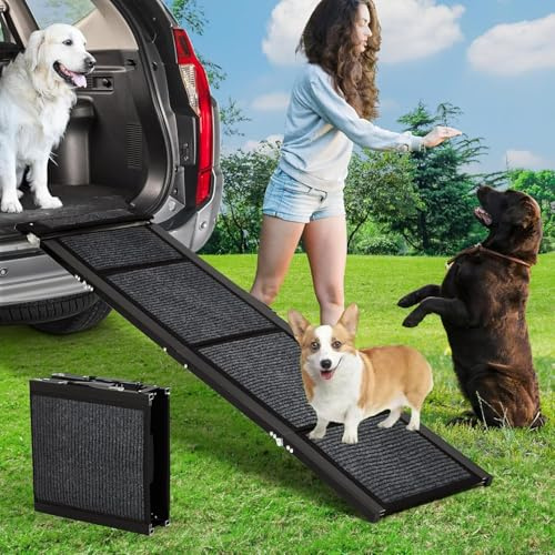 GarveeMore Hunderampe Klappbar Hundetreppe Auto Haustiertreppe Stufen für Hunde Haustier bis Zu 120 kg, Auto Treppe aus Aluminium Legierung