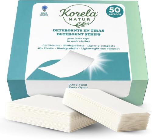 Korela Natur Detergente en Tiras Ecológico - 50 Tiras para hasta 100 Lavados - Biodegradable 100% soluble - Limpieza responsable .Ideal para Pieles Sensibles y Viajes - Aroma Lino