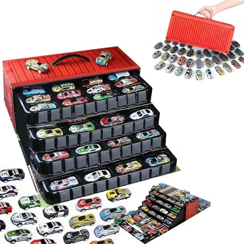 48 Mini Coches de fricción con Garaje Integrado, Coches de Carreras de aleación de Metal Fundido a presión, Pistas de simulación for un Juego Duradero, cumpleaños