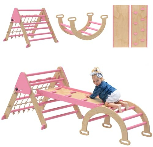 AIYAPLAY 8 en 1 Triangle d'escalade Enfants avec Rampe Double Face, Arc d'escalade en Bois peuplier avec Toboggan & échelle, Charge 50 kg pour Glisser ou Grimper pour bébé de 18 à 48 Mois, Rose