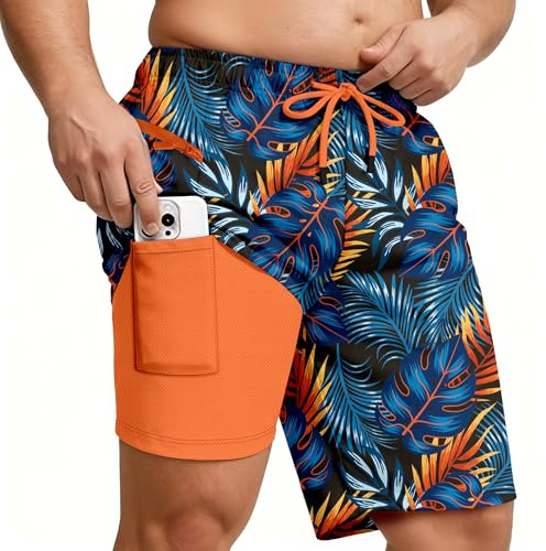 SONICDEGREE Big and Tall Swim Shorts Men's 10 in Tropical Printing Bathing Suit Breathable Mesh Liner Summer Quick Dry Swimwear, Blue Orange 5XL