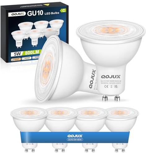 QOJUX Ampoule GU10 LED Blanc Chaud, 5W 800LM Efficacité Energétique de Classe C, Equivalent 80W Halogène, Angle de Faisceau de 38°, 3000K Ampoule LED GU10 Économie D'énergie, Non-Dimmable, Lot de 6