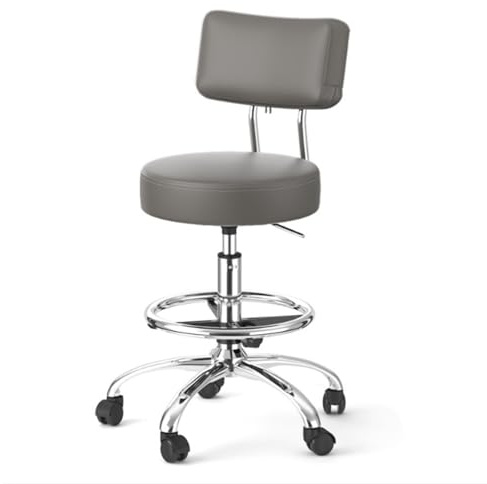 Ergonomisk rullpall med rygg och fotstöd – justerbar för hem, kontor, estetiker, konstnär, läkare, litet skrivbordsbruk