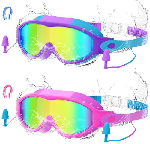 Lavlola Kids Swimming Goggles 6-14, 2 Pack Swim Goggles kids with Nose Clip & Earplugs Anti Fog, No Leaking, Clear Wide Vision