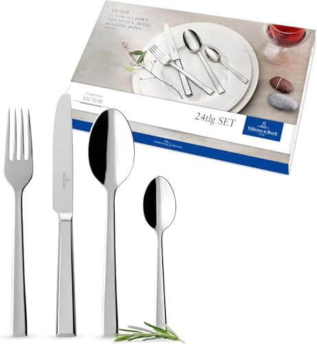 Villeroy & Boch Victor Ménagère 48 pièces argenté/platine, passe au lave-vaisselle, inoxydable, set de couverts 48 pièces, fourchette, couteau, cuillère, set de couverts en acier inoxydable