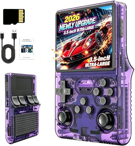 Upgrade Retro Konsole Handheld Spielkonsole, R36S Portable Handheld Video Games mit 21.000+ Klassischen Spielen, 3.5-Zoll-IPS-Bildschirm, Tragbarer Videospielkonsole Retro Handheld Konsole (Lila)