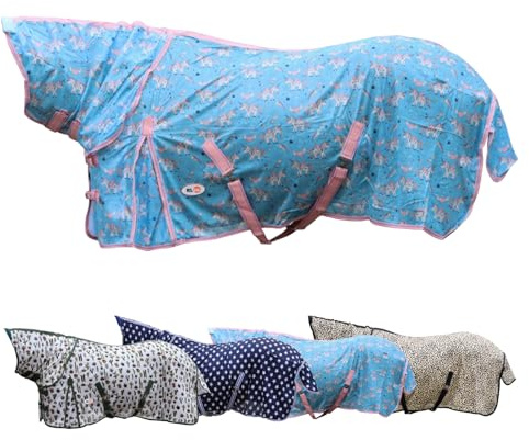 RL24 - Fliegendecke mit Halsteil & Kreuzgurt Design Unicorn – Ekzemerdecke mit verstellbaren Kreuzgurten & Schweiflatz – Decke zum Schutz vor Insekten – Outdoor-Pferdedecke – 135 cm