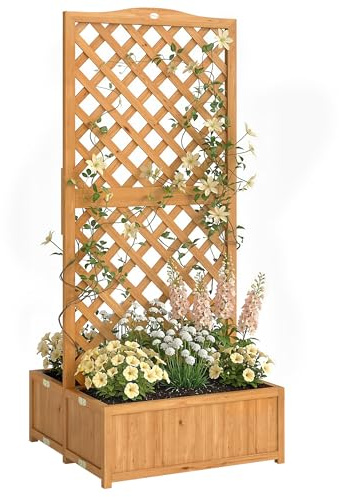 Outsunny Jardinera con Enrejado de Madera Grande 73x70x170 cm Natural | Jardinera Exterior para Plantas Trepadoras, 2 Cajas Plegables, Base de Listones, Macetero Elevado, Patio, Terraza