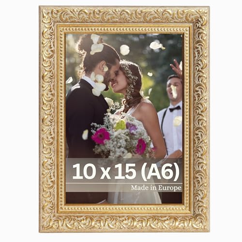 VictoR Vintage Bilderrahmen „Rubens“ in 10x15 cm (A6) Gold Grün - Leiste: 30x20mm - Echtglas - Fotorahmen Barock - Antik - Bilderrahmen 10x15 Gold