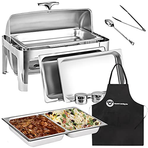 WERPOWER 8 Qt Full Size Roll Top Chafing Dish Bundle Stainless Steel - 1 Full Size and Food Pans, 1 Water Pan, 1 Sectional Food Pan.