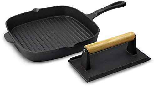 Poêle à steak en fonte noire de 26 cm avec plaque de pression à l'ancienne poêle à frire sauteuse à gaz cuisinière à induction (dimensions : longueur 25,9 cm × hauteur 4,1 cm)