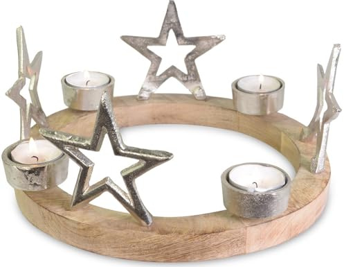 Riffelmacher & Weinberger Holz-Adventskranz mit Sternen Ø 25 cm – stilvoller, silberner Kerzenhalter für 4 Teelichter. Ideal als Moderne Weihnachtsdeko für Tisch & Fensterbank